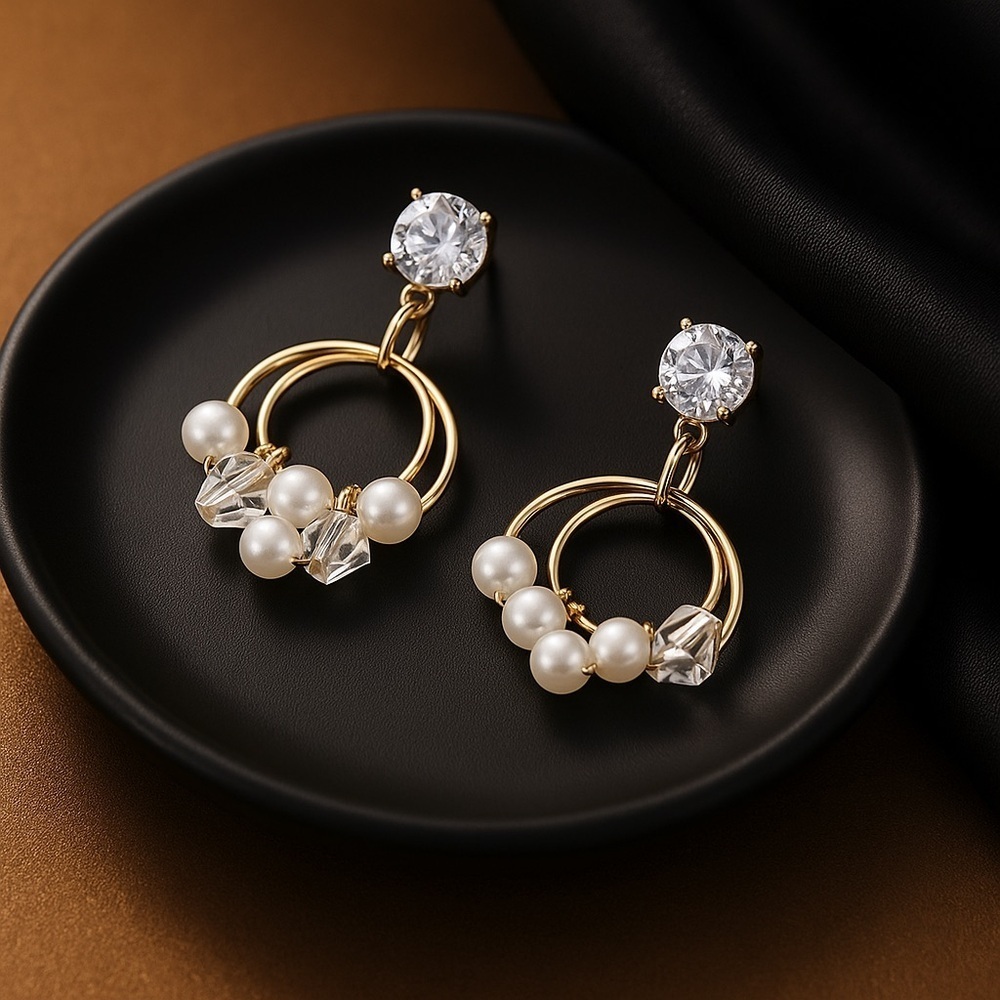 ✨ NWT Delicate Gold Crystal Pearl Hoop Dangle Earrings ✨ - Picture 2 of 16